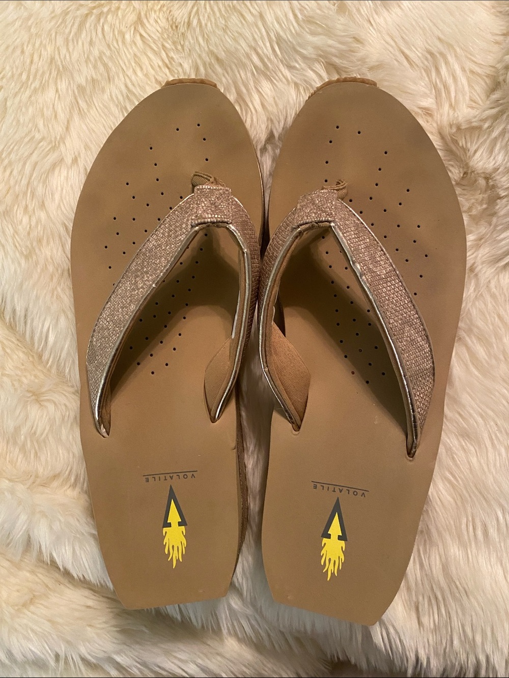 Volatile Brown Flip Flop Sandals with Metallic Bronze Straps